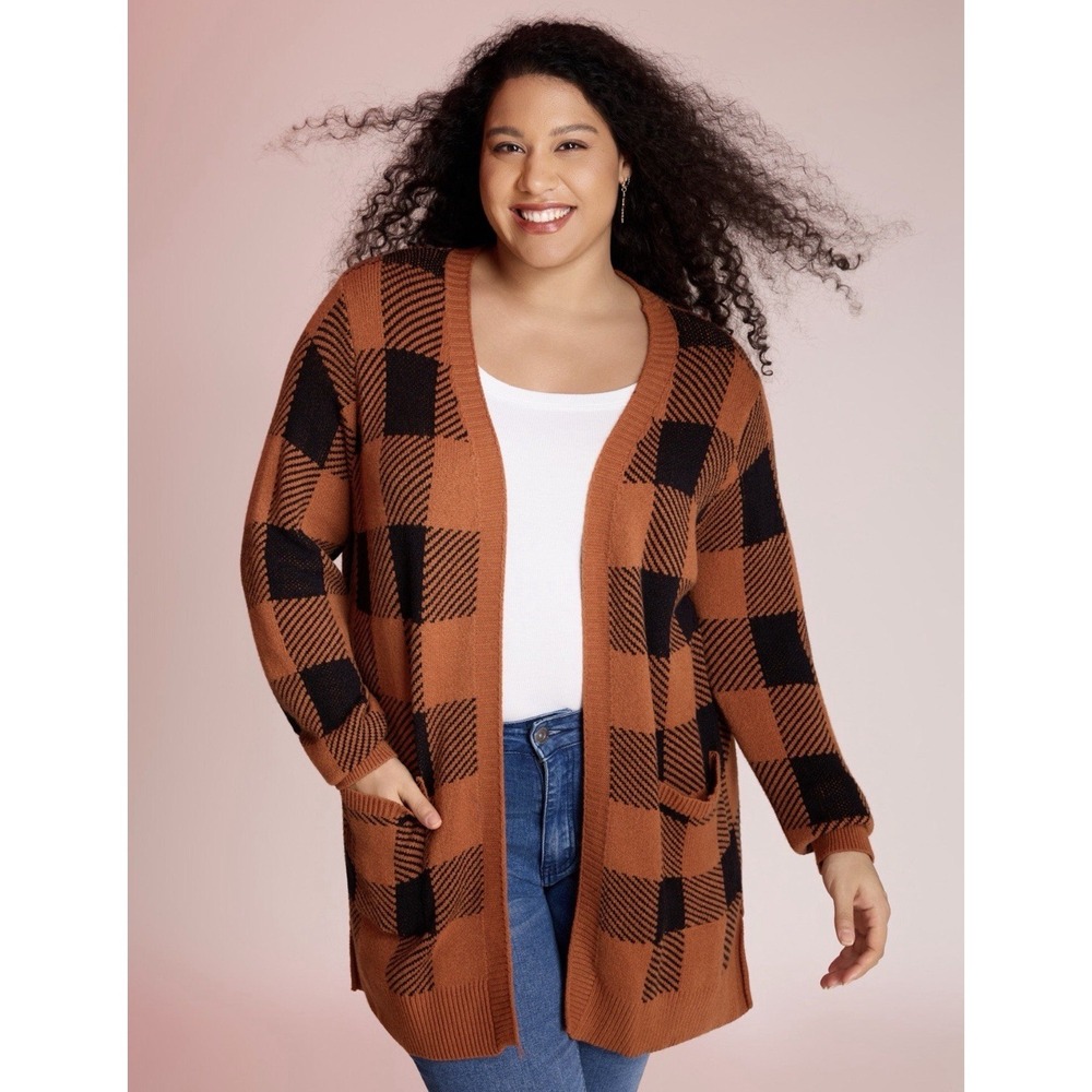 Bloomchic Open Front Cardigan Womens 26 Orange Plaid Fall Halloween Supersoft